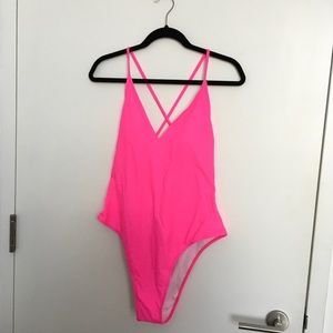NEON hot Pink Criss Cross Backless One pc Swimsuit